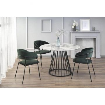 Masă Brodway rotundă, blat MDF furniruit, design elegant cu sticlă și oțel, diametru 110x75 cm, alb/negru