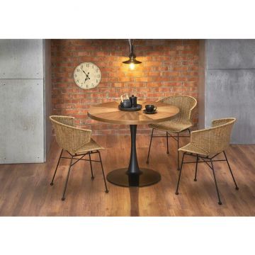 Masă Carmelo rotundă cu blat MDF furniruit și cadru metalic, 100x75 cm, nuc/negru
