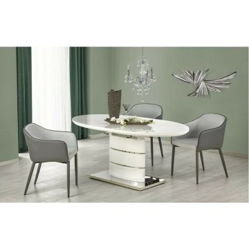 Masă extensibilă Aspen albă 140–180x90x76 cm, MDF lucios și oțel