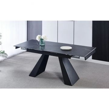 Masă extensibilă Ella, blat MDF lucios, structură lemn masiv, mecanism extensibil, 120-181x80x75 cm, negru