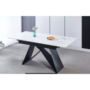 Masă extensibilă Marissa, blat ceramic, structură oțel mat, mecanism extensibil, 121x90x76 cm, alb