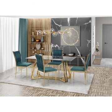 Masă Konami dreptunghiulară, blat sticlă gri, structură metalică auriu, 160x90x75 cm, gri/auriu