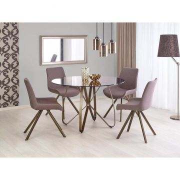 Masă Lungo rotundă, blat din sticlă securizată și picioare metalice, sticlă și oțel vopsit, 120x76 cm, maro/auriu antic