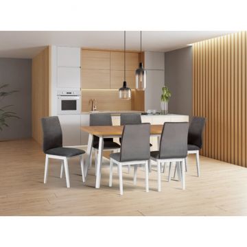 Masă Osolo 6, extensibilă, din lemn, 140-180x80x75 cm, albă