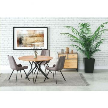 Masă Pixel 2 rotundă, design modern, MDF laminat și oțel mat, 120x76 cm, stejar auriu/negru