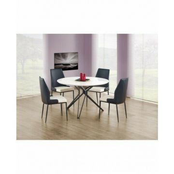 Masă Pixel rotundă, stil minimalist, MDF lucios și oțel mat, 120x76 cm, alb/negru