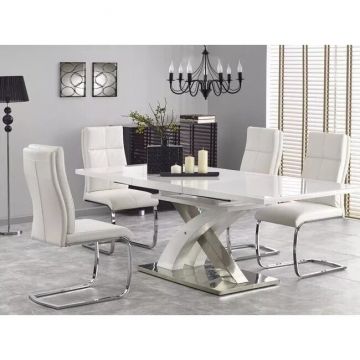 Masă Sandor 2 extensibilă, sticlă securizată, MDF lucios, oțel inoxidabil, 160-220x90x78 cm, alb