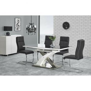 Masă Sandor 2 extensibilă, sticlă securizată + MDF lucios + oțel inoxidabil, 160-220x90x78 cm, negru