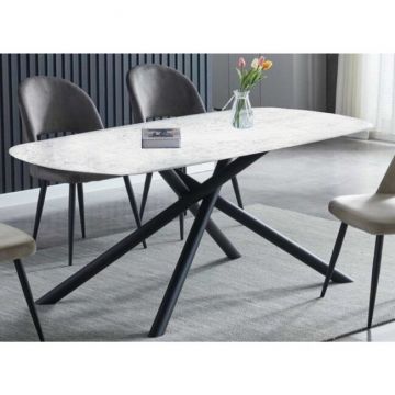 Masă Shany extensibilă, blat sticlă securizată cu strat ceramic, structură metalică, 140-200x90 cm, efect marmură