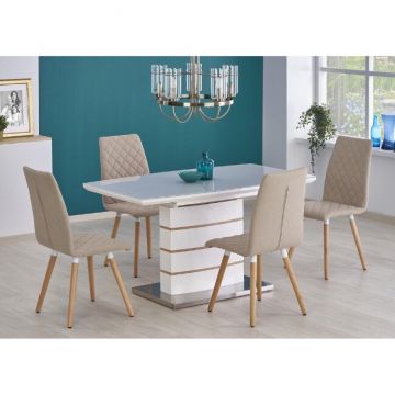 Masă Toronto extensibilă, MDF lucios, furnir natural și sticlă, 140-180x80x76 cm, alb/stejar auriu
