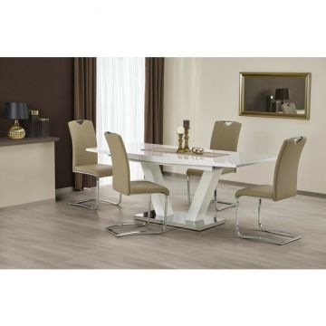 Masă Vision extensibilă, MDF lucios + oțel inoxidabil, 160-200x90x76 cm, alb