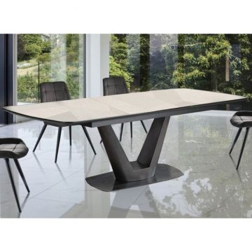 Masă Withney extensibilă, blat sticlă securizată cu strat ceramic, structură metalică, 140-180x85 cm, efect marmură