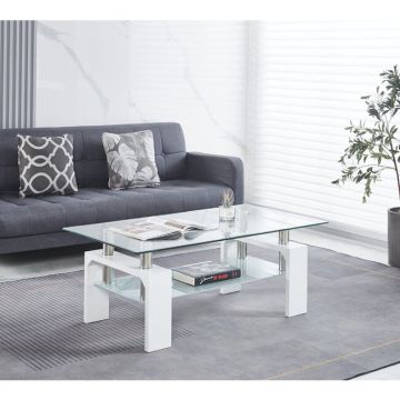 Măsuță de cafea Dalila, blat din sticlă securizată și cadru MDF, design modern, 110x60x45 cm, alb