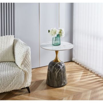 Măsuță de cafea Kojak, design rotund, blat MDF cu efect marmură și picioare metalice, 50x50x58.5 cm, gri