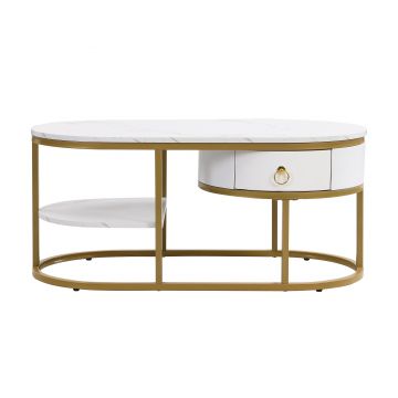 Măsuță de Cafea Modernă Ovală din Marmură cu Structură din Fier Auriu, Dotată cu Sertare și Rafturi, Mânere Aurii, 100x50x45 cm, Albă