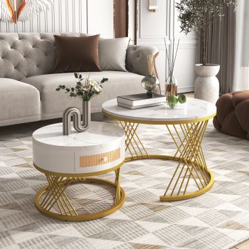 Măsuță de Cafea Rotundă 2 în 1 din MDF, Alb+Auriu | Aosom România