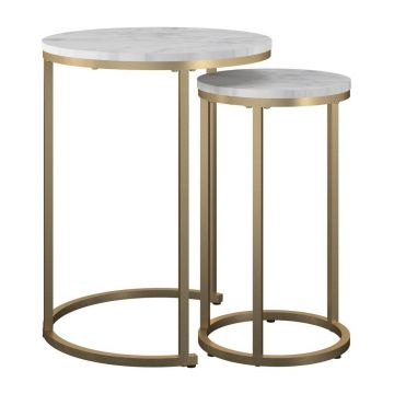 Măsuțe de cafea albe-aurii 2 buc. rotunde cu aspect de marmură ø 45 cm Amelia – CosmoLiving by Cosmopolitan