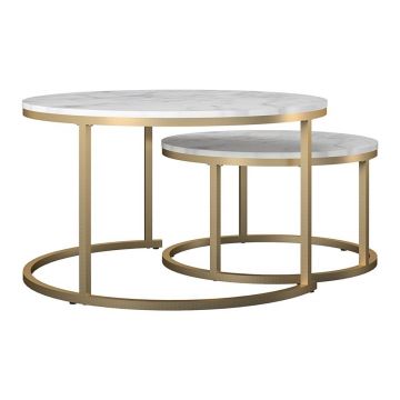 Măsuțe de cafea albe-aurii 2 buc. rotunde cu aspect de marmură ø 79 cm Amelia – CosmoLiving by Cosmopolitan