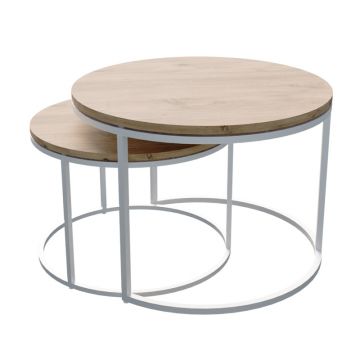 Masuta de cafea Solme  set 2 metal alb si melaminat in nuanta Naturala 60x75x45cm
