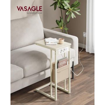 Masuta laterala C Shape, Vasagle, cu priza si porturi USB, 40x30x62 cm, PAL/otel, alb crem
