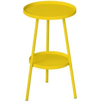 Outsunny Mică masă laterală rotundă cu 2 niveluri masă de grădină pentru terasă living balcon din metal Ø 32 x 51 cm galben | Aosom Romania