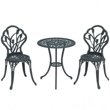 Outsunny Set Mobilier de Grădină 2 Locuri 2 Scaune + Masă Rotundă Fontă de Aluminiu Imitație Fier Forjat Verde | Aosom Romania