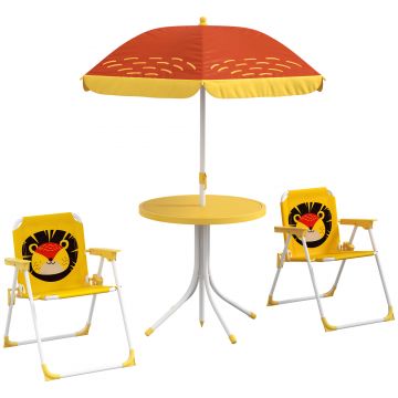 Outsunny Set mobilier de grădină pentru copii 4 piese motiv de leu cu umbrelă reglabilă Ø 100 cm scaun pliabil galben | Aosom Romania