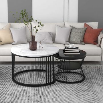 Set 2 Mese de Cafea Moderne cu Îmbinare, Negru+Alb | Aosom Romania