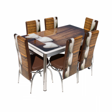 Set Lara, masa extensibila cu 6 scaune print, maro inimi, 130 165x80x79 cm