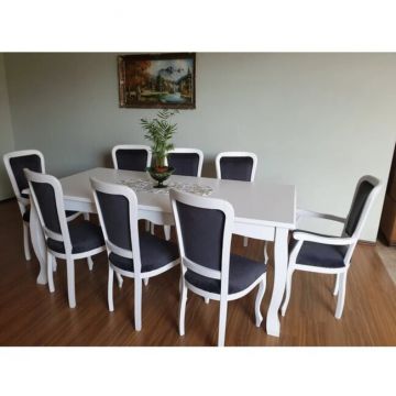 Set masă extensibilă + 8 scaune Padova, MDF/Lemn Fag, 200-300x100x78 cm, alb
