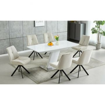 Set masă extensibilă Mistyc cu 6 scaune, MDF și metal, 120/160x80x75 cm, alb lucios