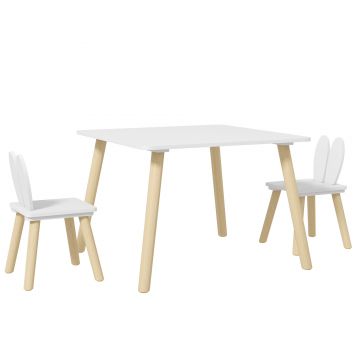 AIYAPLAY Set Masă și 2 Scaune pentru Copii 3-6 ani, Masă și Scaune cu Spătar în Formă de Urechi, 60x60x44 cm, Alb | Aosom Romania