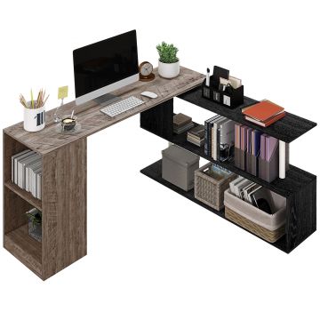 HOMCOM Birou de Colț cu Raft în Formă de S, Birou Modern din Lemn, 140x120x78 cm, Gri | Aosom Romania