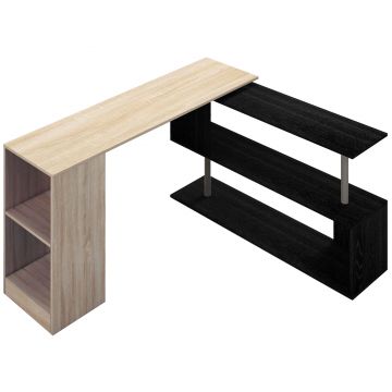 HOMCOM Birou de Colț cu Raft în Formă de S, Birou Modern din Lemn, 140x120x78 cm, Lemn Natural | Aosom Romania