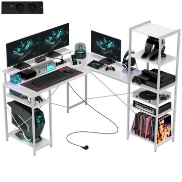 HOMCOM Birou de colț, în formă de L cu priză integrată, suport monitor și raft depozitare, alb | Aosom Romania