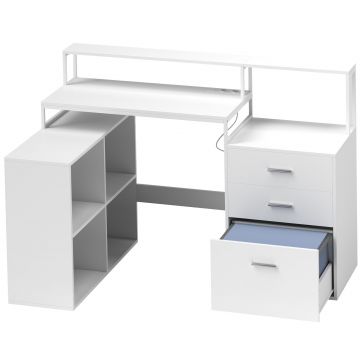 HOMCOM Birou în Formă de L cu Prize de Curent, Sertar și Suport pentru Monitor, 138,5x90x92 cm, Alb | Aosom Romania