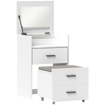 HOMCOM Masă de Machiaj Alb Masă de Toaletă cu Oglindă Rabatabilă, Taburet Detașabil și Lavabil, 50x41.5x75 cm | Aosom Romania