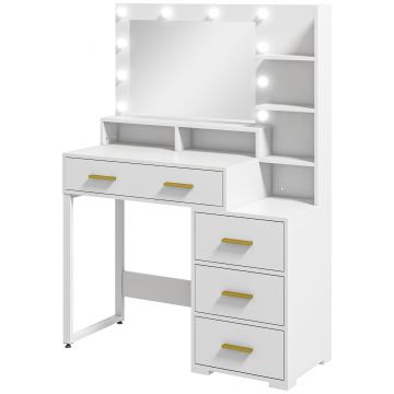 HOMCOM Masă de Machiaj Albă cu Oglindă, 4 Sertare și 6 Rafturi Deschise 100x40x138 cm | Aosom Romania