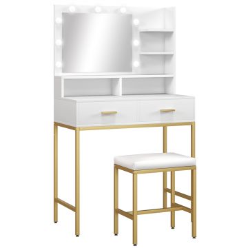 HOMCOM Masă de Machiaj cu Oglindă LED, Scaun și Rafturi, 80x40x138 cm, Alb | Aosom Romania