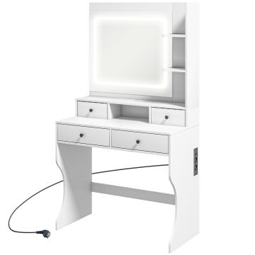 HOMCOM Masă de Toaletă cu Oglindă Iluminată LED, Masă de Machiaj cu Stație de Încărcare, 4 sertare și rafturi de depozitare, 90x45x160 cm, Alb