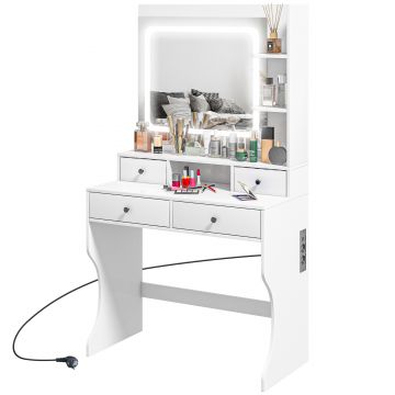 HOMCOM Masă de Toaletă cu Oglindă Iluminată LED, Masă de Machiaj cu Stație de Încărcare, 4 sertare și rafturi de depozitare, 90x45x160 cm, Alb