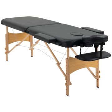 HOMCOM Pat de Masaj Pliabil și Portabil cu Înălțime Ajustabilă și Husă de Transport, Structură din Lemn, 185x60x61-88 cm, Negru