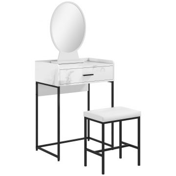 HOMCOM Set Masă de Toaletă cu Oglindă, Sertar și Scaun Căptușit, Alb | Aosom Romania