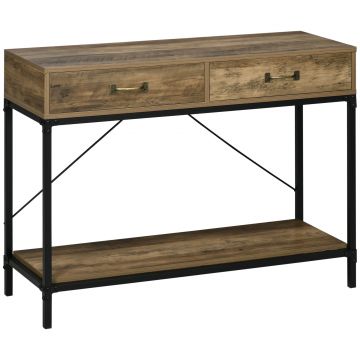Masă Consolă Vintage HOMCOM din Metal și Lemn, Design Elegant cu 2 Sertare și Raft, Maro, pentru Living, Sufragerie | Aosom Romania