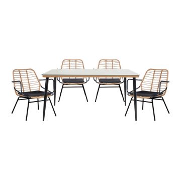 Masa de sufragerie Naoki A  set de 5 ratan Natural-metal negru-sticla 160x90x78cm