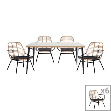 Masa de sufragerie Naoki B  set de 7 ratan Natural-metal negru-sticla 160x90x78cm