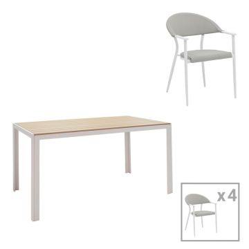 Set de 5 buc masa si scaune de gradina Nares-Pino A aluminiu alb si placaj Natural 140x80x72.5 cm