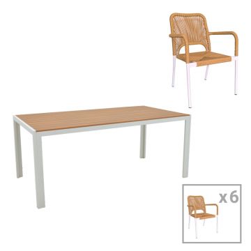 Set de 7 buc masa si scaune de gradina Nares-Norture B aluminiu alb si placaj Natural 180x90x72.5 cm