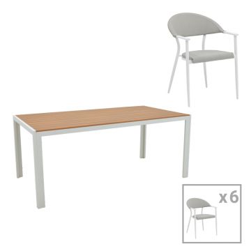 Set de 7 buc masa si scaune de gradina Nares-Pino B aluminiu alb si placaj Natural 180x90x72.5 cm