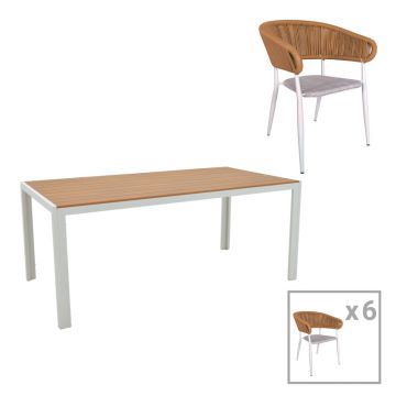Set de 7 buc masa si scaune de gradina Nares-Raven B aluminiu alb si placaj Natural 180x90x72.5 cm
